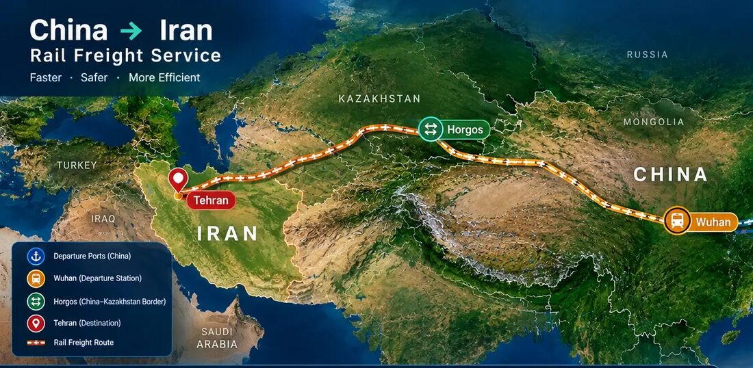 نقشه نزدیک‌تر عبور از مرز خورگوس و ورود مسیر ریلی به ایران و تهران